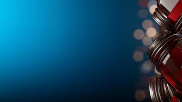 Abstract composition of metallic cans with red liquid against a smooth blue background photo