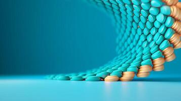 Abstract composition of turquoise and gold spheres creating a wave effect against a blue background photo