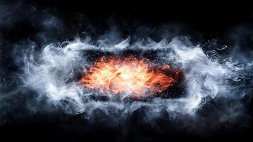 Abstract depiction of fire surrounded by swirling smoke on a dark background, ideal for visual effects photo