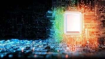 Abstract depiction of a glowing microchip on a circuit board with vibrant colors and technology themes photo