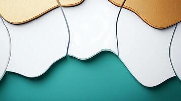 Abstract design featuring curved white and gold shapes on a teal background, creating a modern aesthetic photo