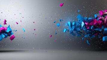 Abstract explosion of blue and pink geometric shapes against a gray background, creating dynamic energy photo