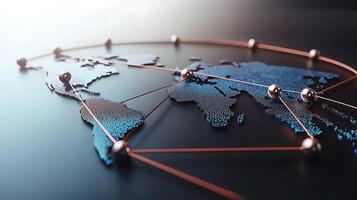 Abstract digital world map with interconnected nodes representing global networking and technology photo
