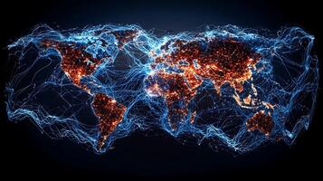 Abstract digital world map illuminated by vibrant lights, showcasing global connectivity and technology photo