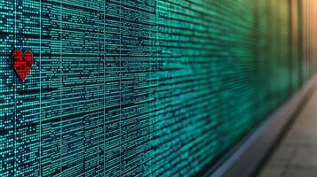 Abstract digital wall with green data streams and a red heart symbolizing love in technology photo