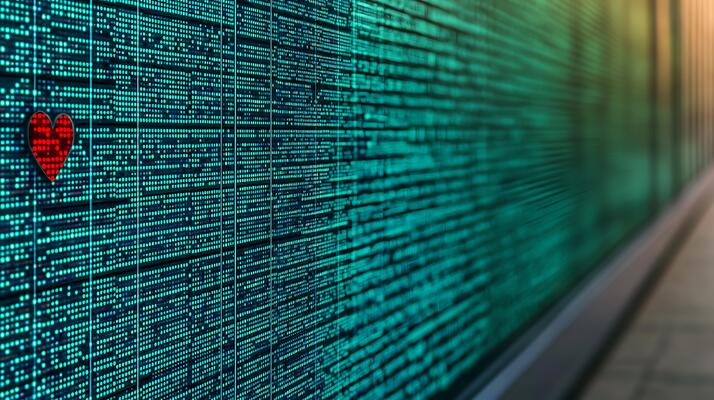 Abstract digital wall with green data streams and a red heart symbolizing love in technology