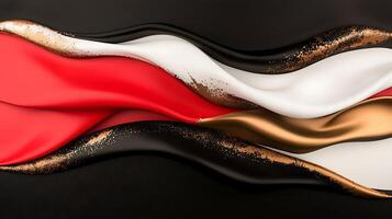Abstract flowing fabric in red, black, white, and gold on a dark background creating a dynamic visual photo
