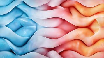 Abstract flowing fabric in blue and red hues creating a dynamic wave pattern with soft lighting photo