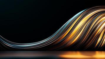 Abstract flowing lines of gold and blue shimmer against a dark background, creating dynamic movement photo