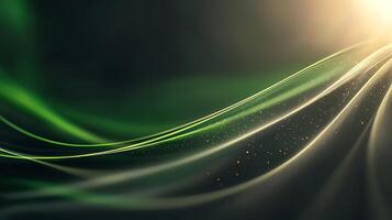 Abstract flowing waves of green and gold light with a soft glow in a dark background photo