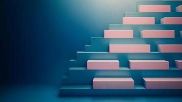 Abstract geometric composition of pink and blue blocks forming a staircase against a gradient backdrop photo