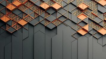 Abstract geometric design featuring interlocking shapes in orange and gray tones, creating depth photo