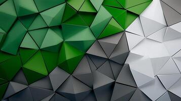 Abstract geometric pattern of triangular shapes in green, gray, and white tones, creating depth photo