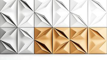Abstract geometric wall design featuring white and gold triangular patterns with depth photo