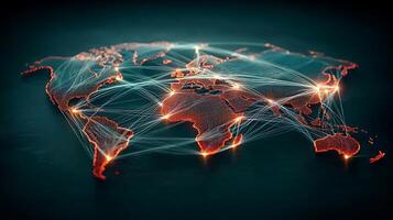 Abstract global network map with glowing connections illustrating digital communication photo
