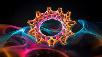 Abstract glowing gear structure amidst colorful swirling smoke in a dark background photo