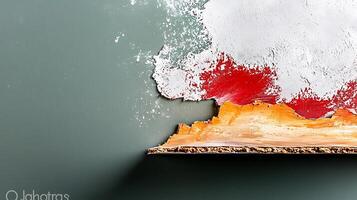 Abstract peeling paint revealing layers of color on a textured wall with artistic depth photo