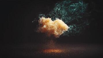 Abstract representation of a colorful cloud of smoke and dust swirling in a dark space photo