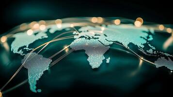 Abstract representation of a global network with illuminated connections over a world map photo