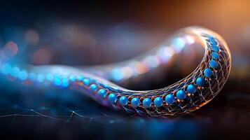 Abstract representation of a flowing, illuminated structure with blue spheres, suggesting motion and depth photo