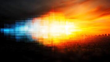 Abstract representation of a vibrant sunset over a city skyline, blending colors and shapes photo