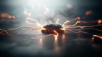 Abstract representation of energy surge with glowing wires emanating from a central point photo