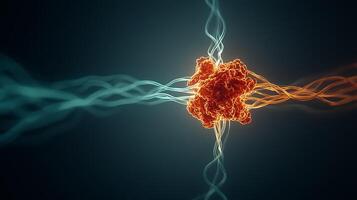 Abstract representation of energy waves intersecting with a vibrant core amidst a dark background photo