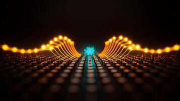 Abstract representation of electronic signals flowing through a circuit board at night photo