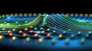Abstract representation of flowing light waves with colorful orbs, creating a dynamic visual effect photo