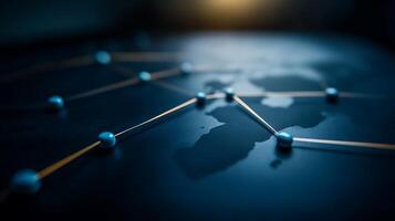 Abstract representation of global connectivity with interconnected nodes on a dark map background photo