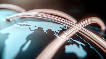 Abstract representation of global connectivity with illuminated lines over a world map background photo