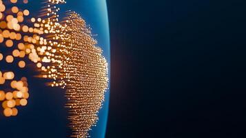 Abstract representation of glowing particles forming a continent against a dark background photo