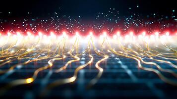 Abstract representation of glowing wires and particles on a digital grid background photo