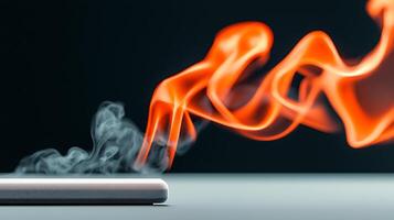 Abstract representation of smoke and flame rising from a metallic object on a flat surface photo
