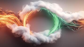 Abstract representation of swirling colored smoke in orange and green forming a circular pattern photo