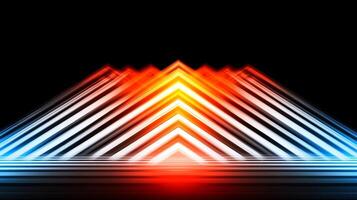 Abstract representation of vibrant light beams converging in a triangular pattern against a dark backdrop photo