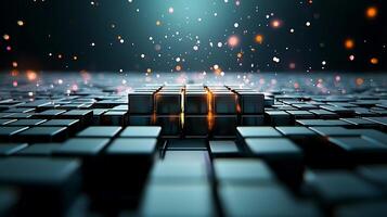 Abstract scene of illuminated metallic cubes in a dark, sparkling environment with depth photo