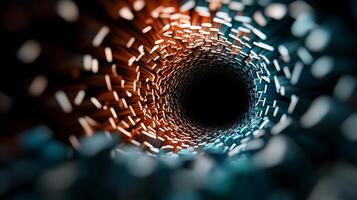Abstract tunnel of light and particles spiraling into darkness, creating a mesmerizing visual effect photo