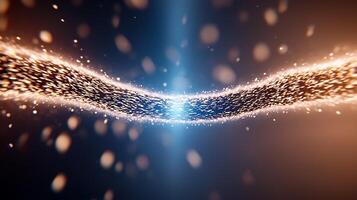 Abstract visualization of glowing particles flowing along a luminous pathway in a dark background photo