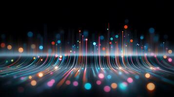 Abstract visualization of vibrant sound waves with colorful light patterns in a dark background photo