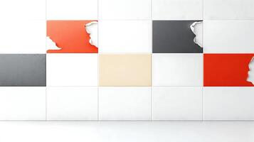 Abstract wall design featuring damaged tiles in various colors, showcasing texture and depth photo