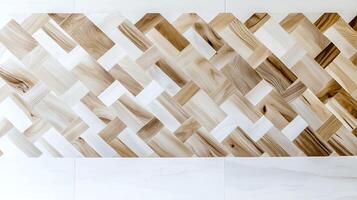 Abstract wall design featuring a herringbone pattern with light and dark wood tones photo