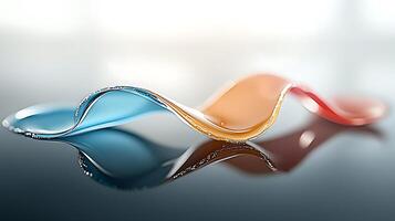 Abstract wave of colorful fluid shapes reflecting on a smooth surface with soft background light photo