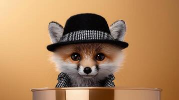 Adorable fox character wearing a stylish hat, peeking from a shiny container against a warm backdrop photo