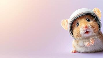 Adorable hamster wearing a tiny helmet, looking curiously at the viewer against a soft gradient background photo