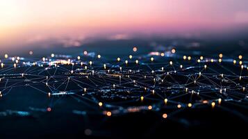 Aerial view of a digital network with glowing nodes against a twilight sky, symbolizing connectivity photo