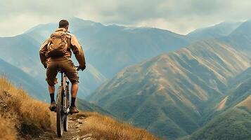 Adventurous mountain biker navigating a rugged trail with scenic peaks in the background photo