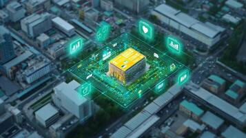Aerial view of a modern building surrounded by digital icons representing technology and services photo