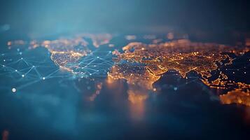 Aerial view of illuminated world map showcasing global connections and networks at night photo