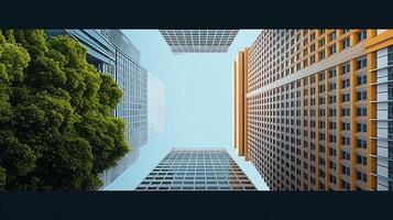 Aerial view of modern skyscrapers framed by lush greenery under a clear blue sky photo